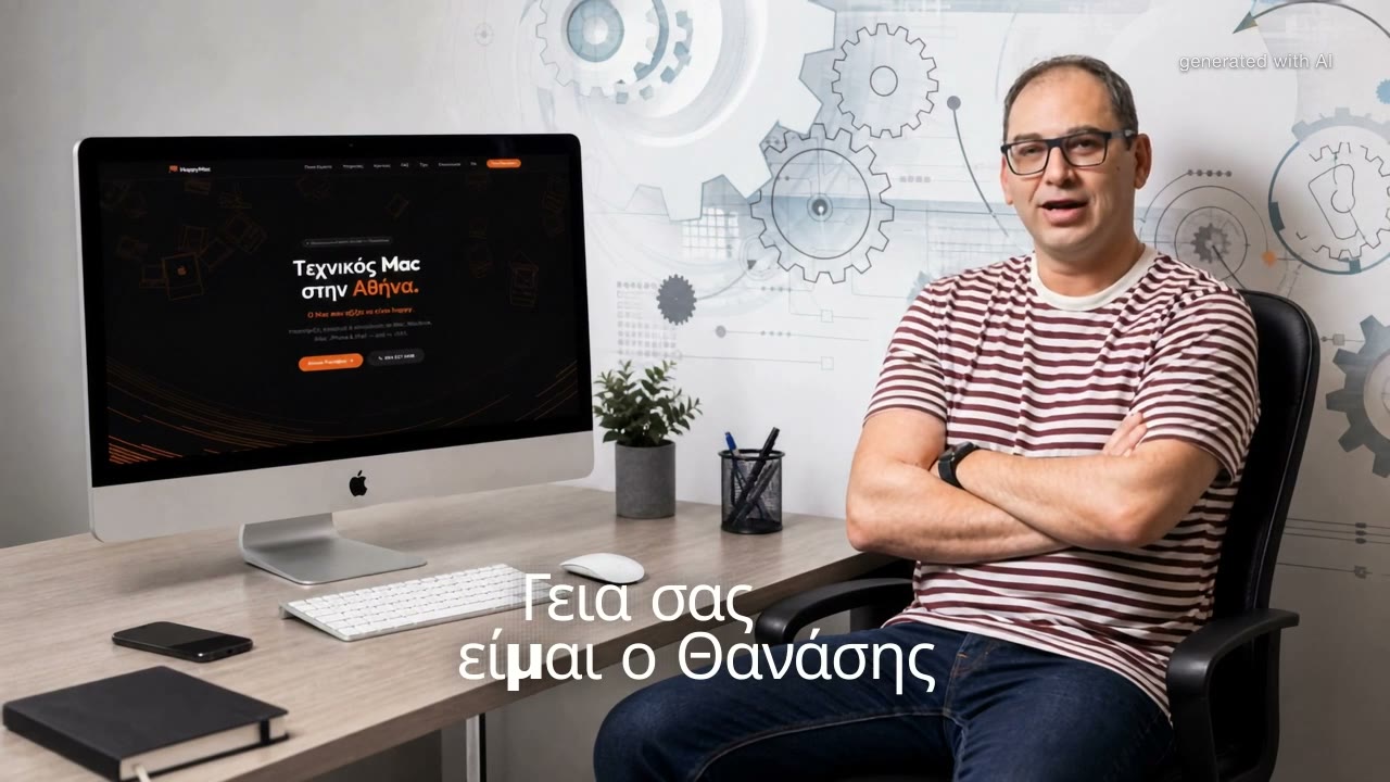 Ο ψηφιακός Θανάσης στο εργαστήριο, δίπλα σε iMac με τη σελίδα του HappyMac.gr