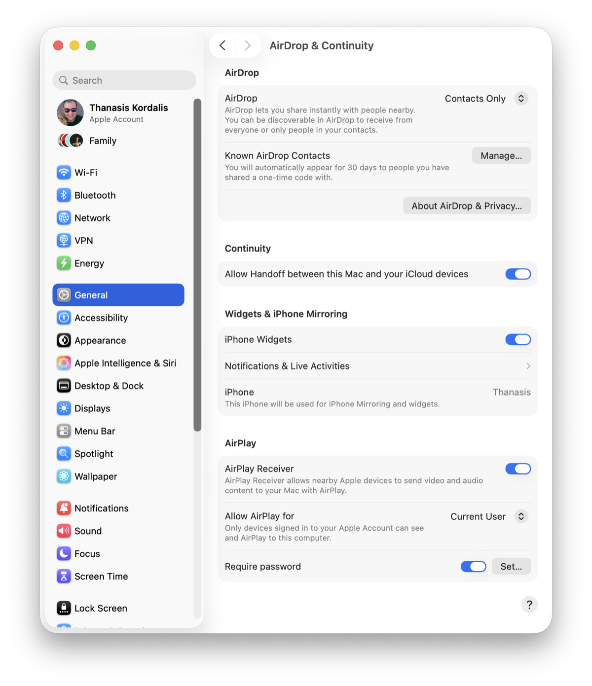 Ρυθμίσεις AirDrop & Continuity στον Mac — AirDrop σε Contacts Only και ενεργό Handoff