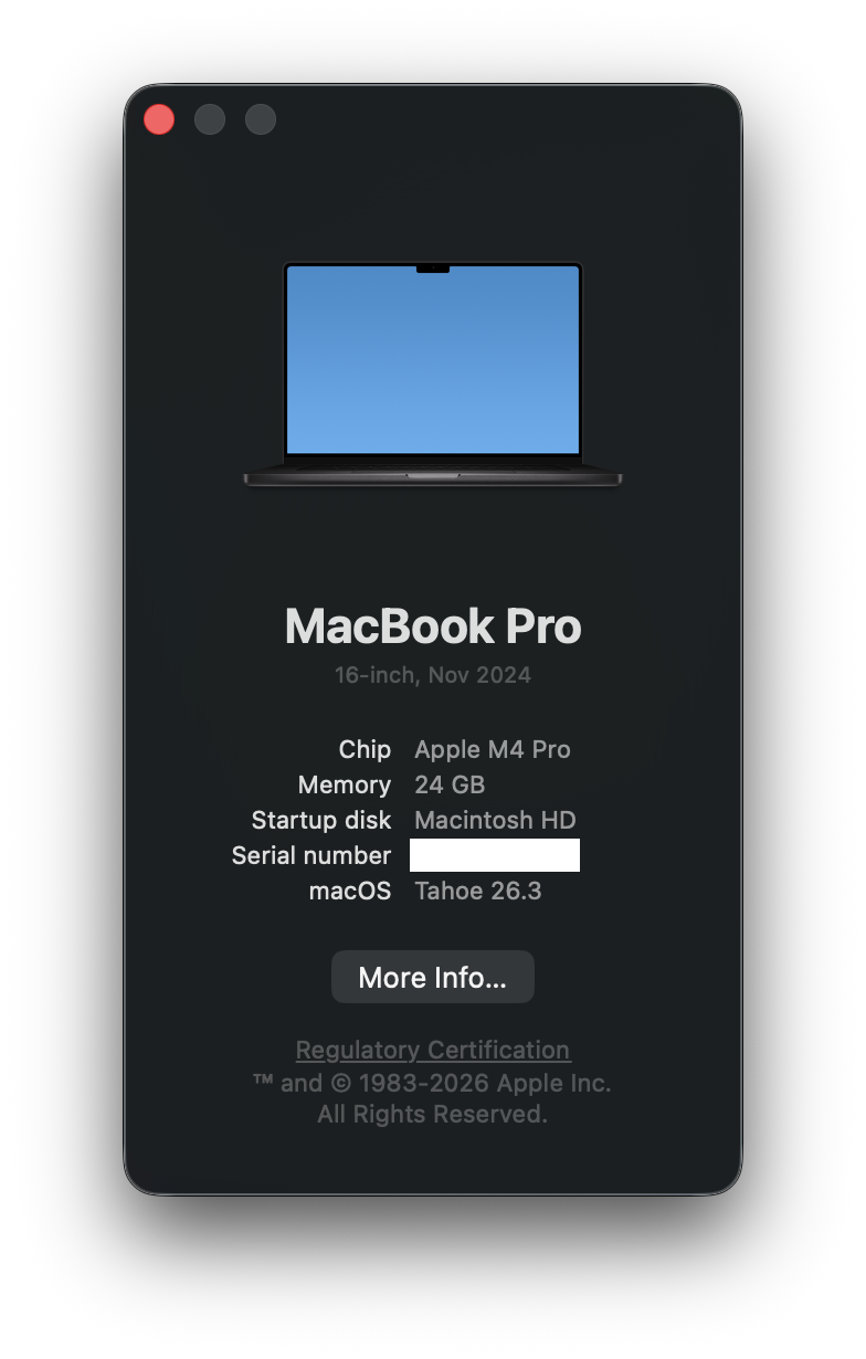 About This Mac — MacBook Pro M4 Pro με macOS Tahoe