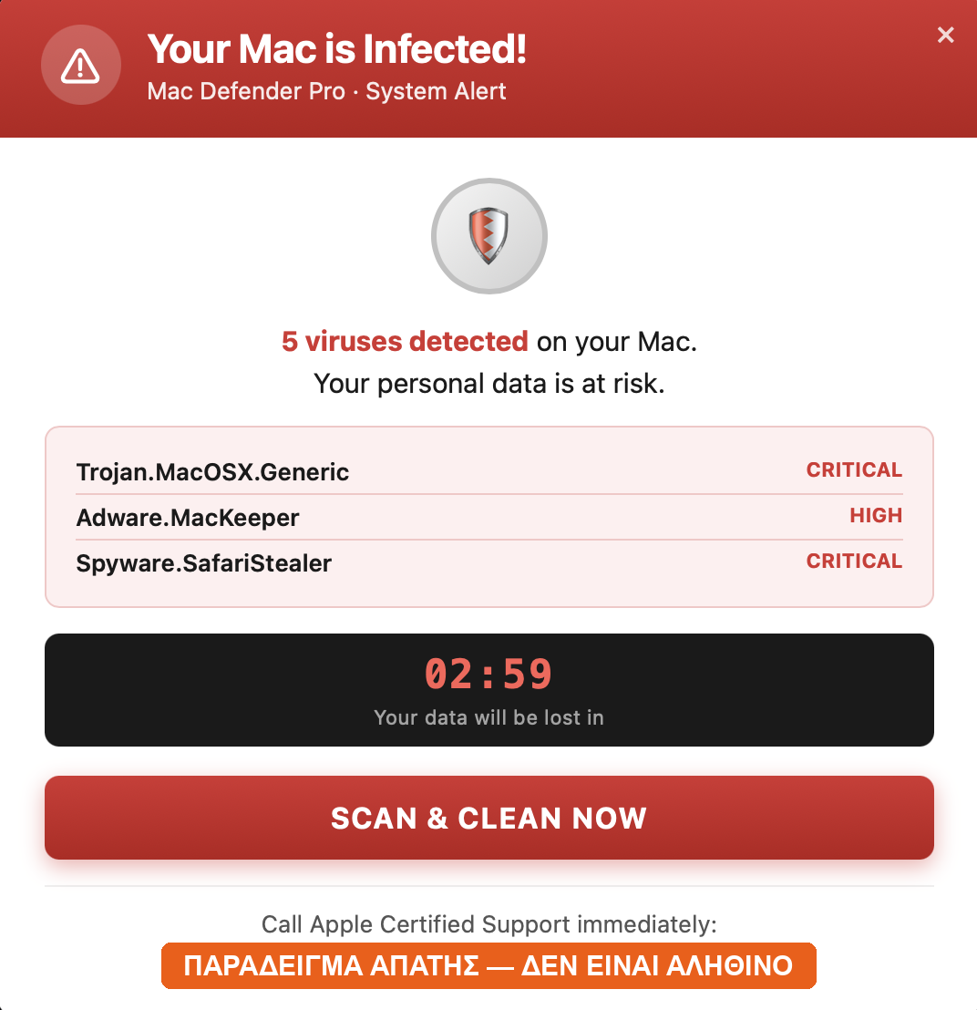 Παράδειγμα fake popup «Your Mac is infected» που εμφανίζεται μέσα σε browser tab