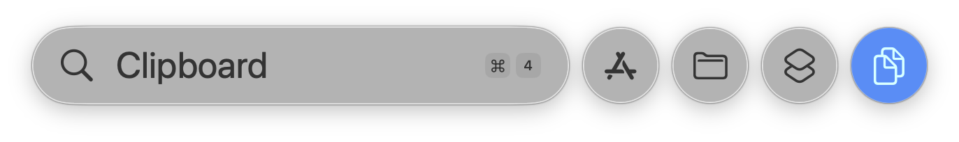 Spotlight γραμμή με tabs — το Clipboard είναι στο ⌘+4