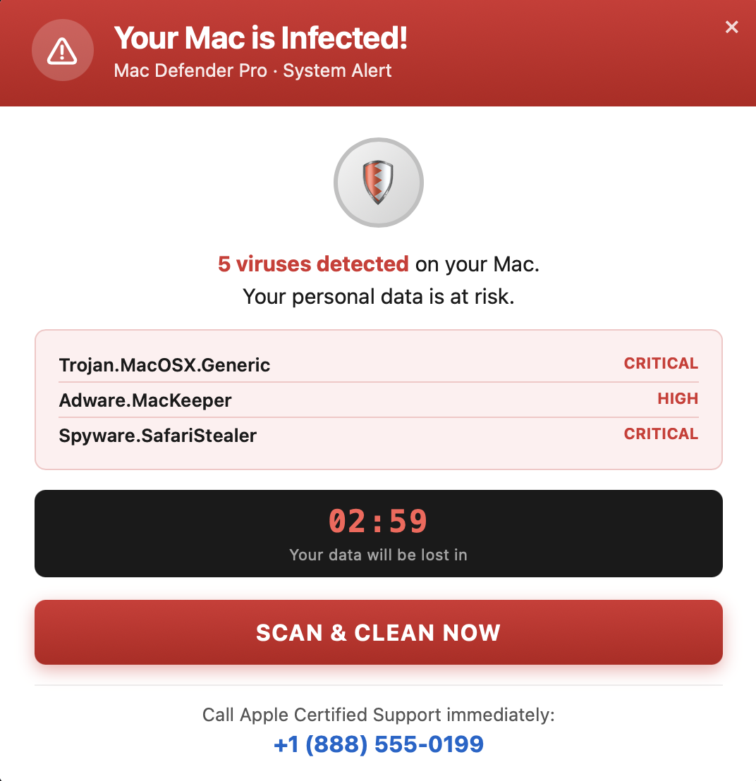 Παράδειγμα fake popup «Your Mac is infected» που εμφανίζεται μέσα σε browser tab