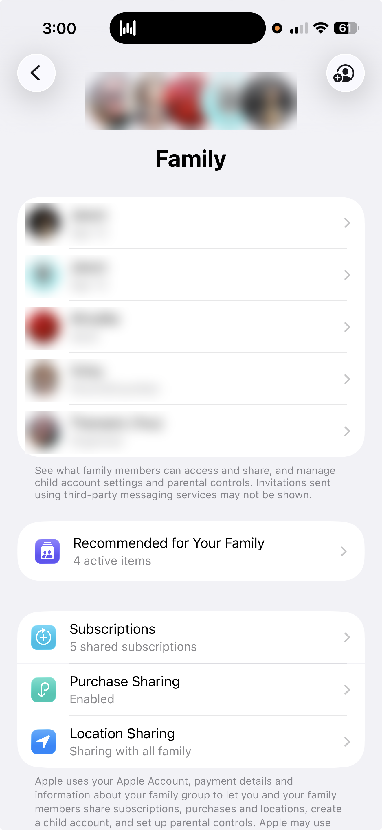 Οθόνη Οικογένεια σε iPhone με μέλη οικογένειας και ρόλους παιδιού, ενήλικα, γονέα/κηδεμόνα και οργανωτή, με Κοινή χρήση αγορών και Κοινοποίηση τοποθεσίας ενεργές — ονόματα και εικονίδια θολωμένα
