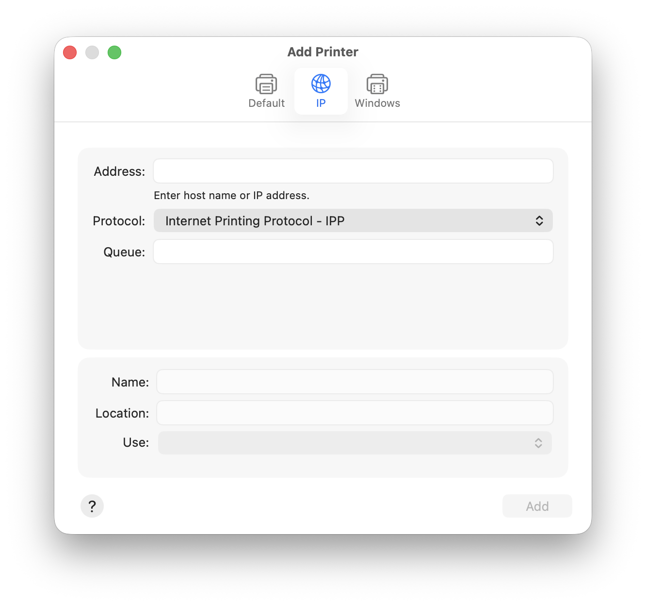 Το παράθυρο Add Printer σε macOS με επιλεγμένη την καρτέλα IP: πεδία Address, Protocol με τιμή Internet Printing Protocol IPP, και Queue