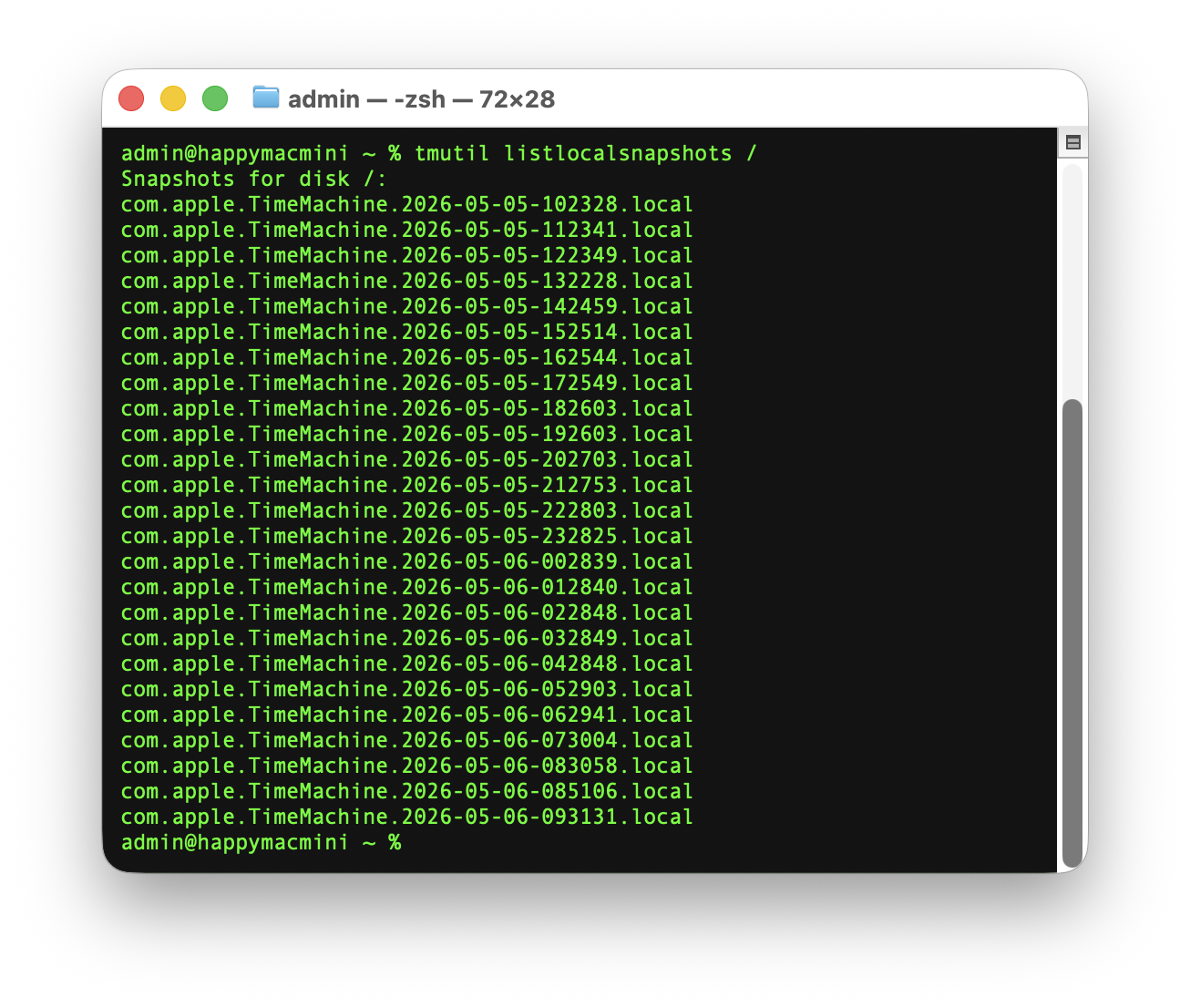 Terminal με output της εντολής tmutil listlocalsnapshots — λίστα από Time Machine snapshots