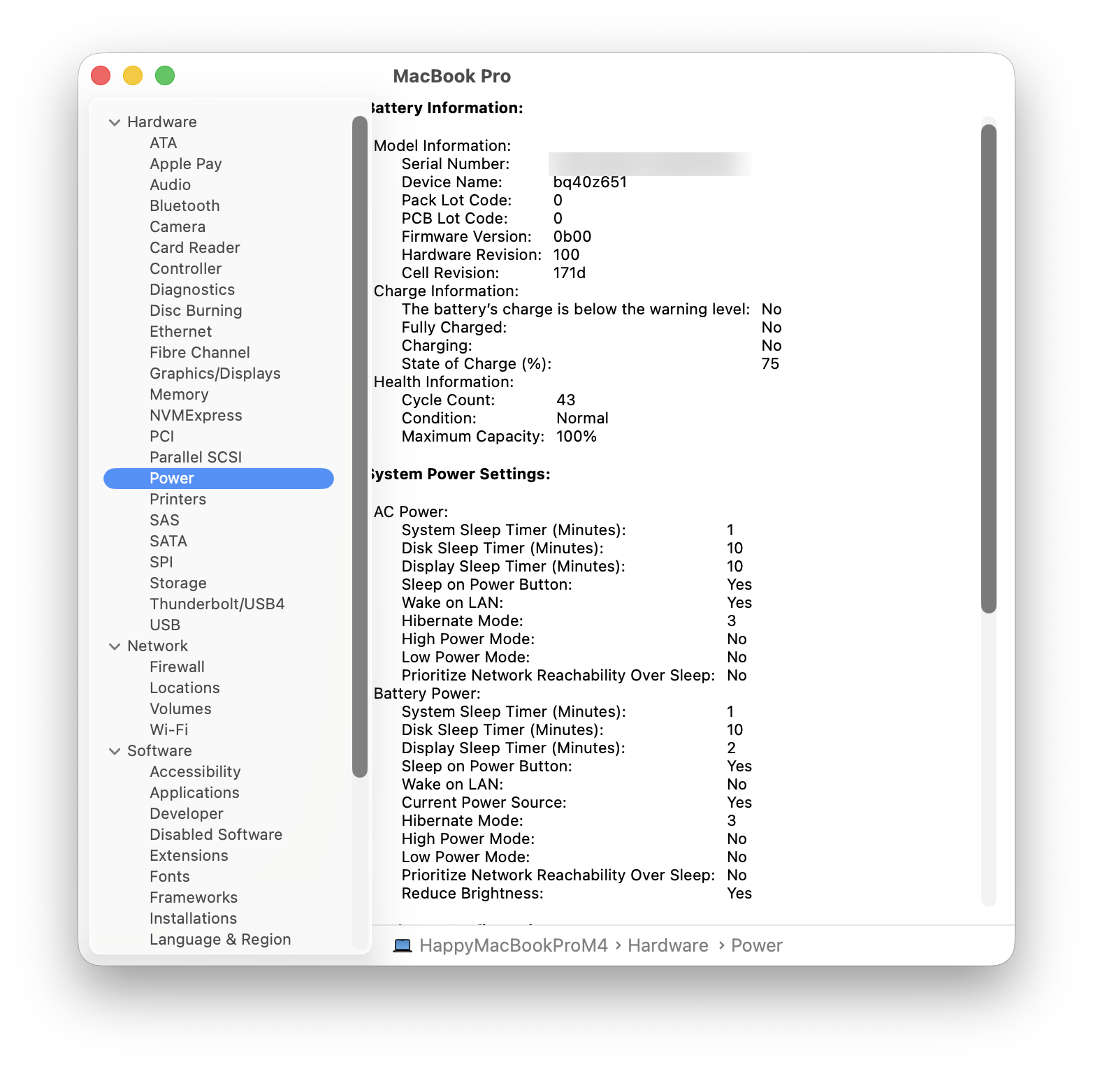 Πληροφορίες συστήματος σε MacBook Pro, ενότητα Power, με τα πεδία Cycle Count 43, Condition Normal και Maximum Capacity 100 τοις εκατό