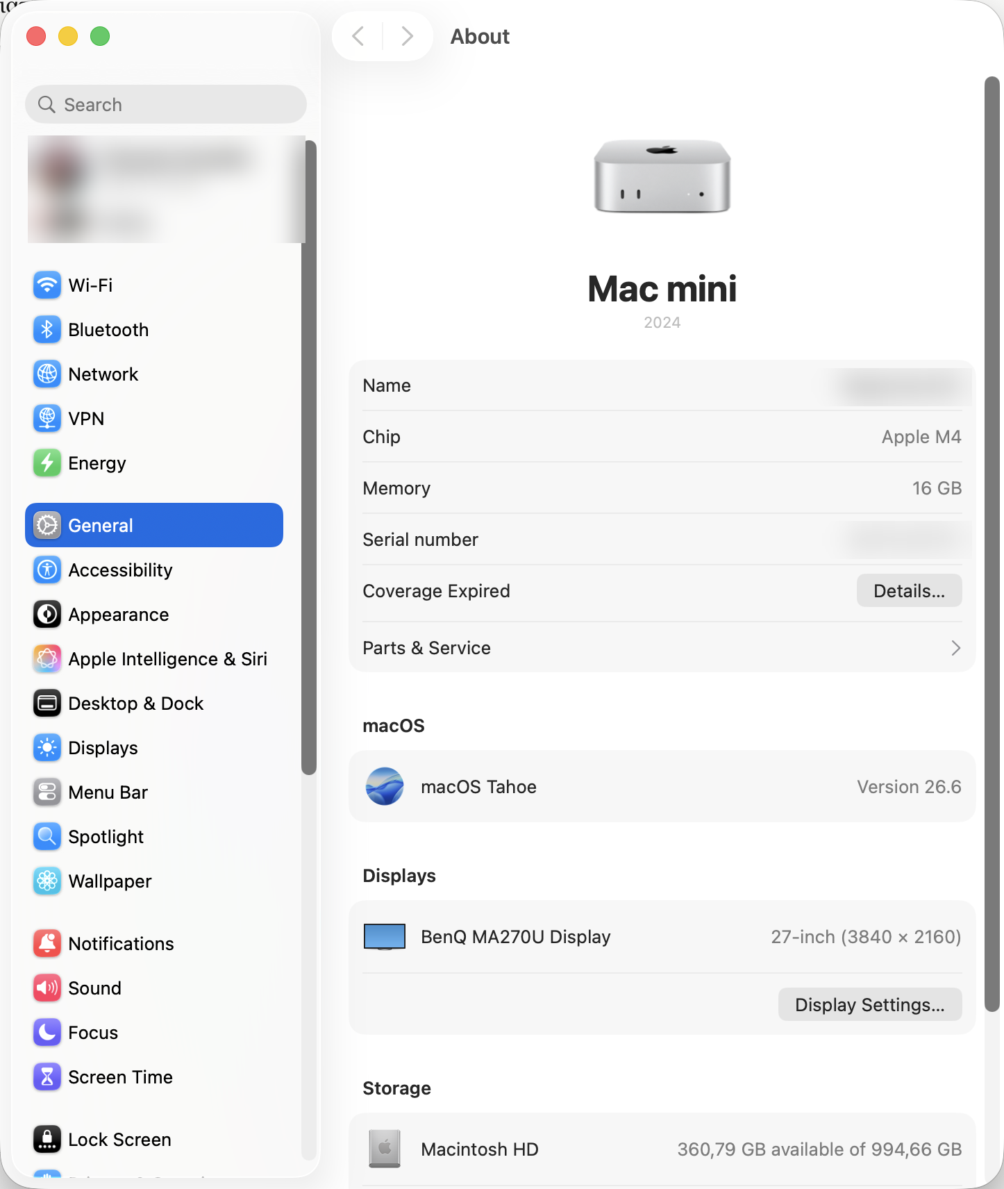 Παράθυρο Πληροφορίες (About) σε macOS Tahoe: Mac mini 2024 με chip Apple M4, μνήμη, serial και έκδοση macOS